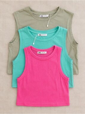 Zara Crop Top Bundle 3 Pc Size Small Pink Ribbed Mint Sage Sleeveless